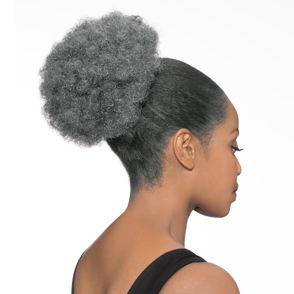Maxwigs DS007 Afro Ponytail Color 34 Dark Brown with Gray - Foxy Silver Wigs 8-10" Medium Length Drawstring Hairpiece Extension Synthetic Black Grey