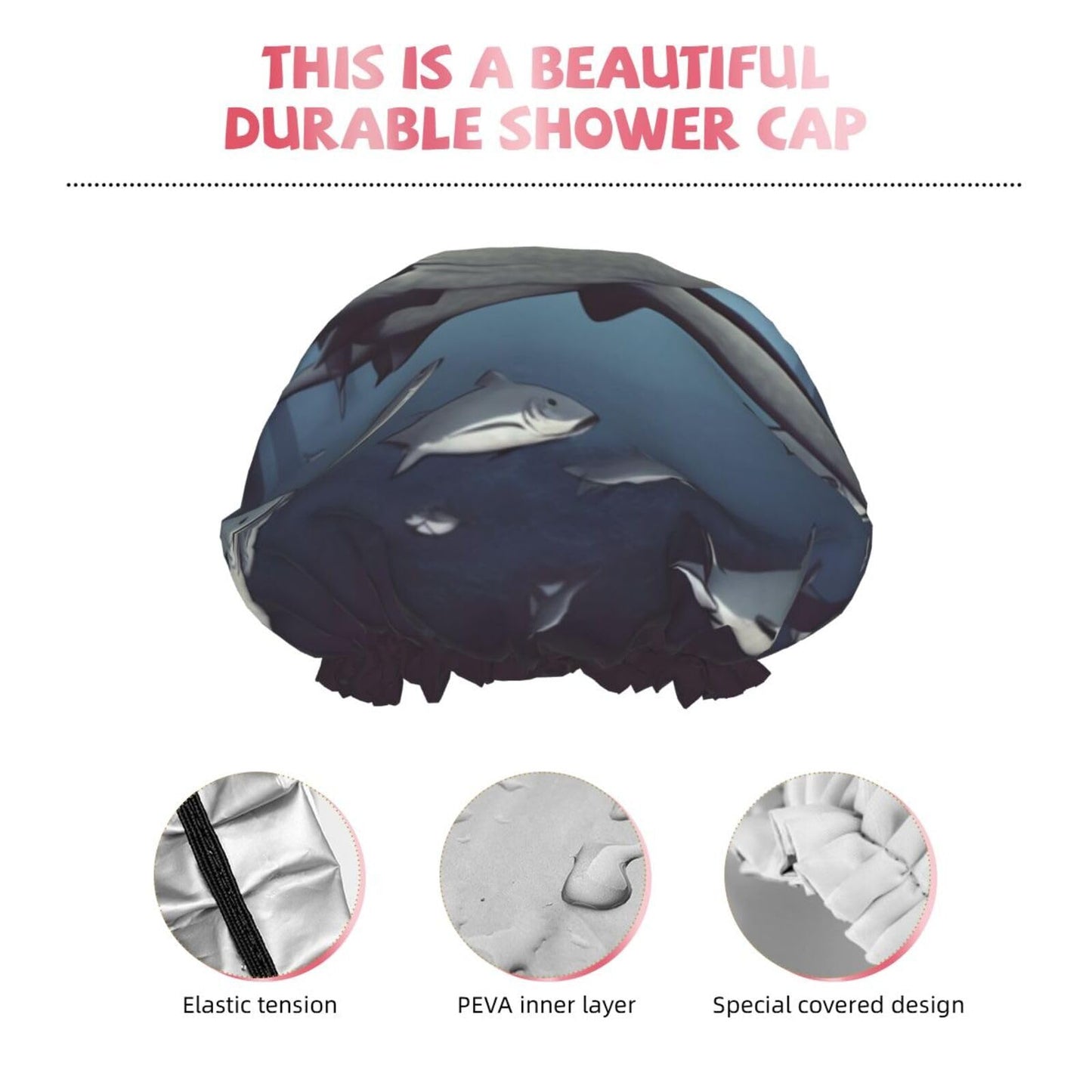 Funny Sharks Design Shower Cap for Women Men Large Reusable Shower Bonnet Double-Layer Waterproof Bath Caps Elastic Band Hair Hat for All Hairstyles Beauty and Personal Care BWLHJKE