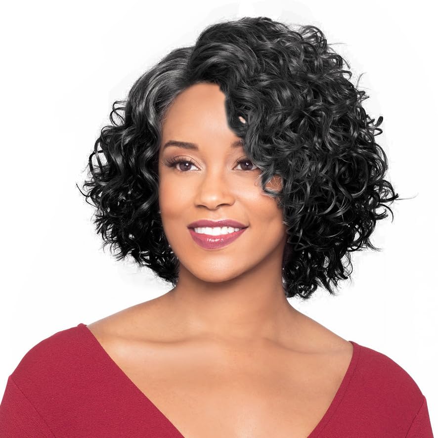 Foxy Silver Martina Wig Color 1 Black - 11" Long Curly Side Part Fusion Heat Resistant Synthetic J Part African American Average Cap Bundle Maxwigs