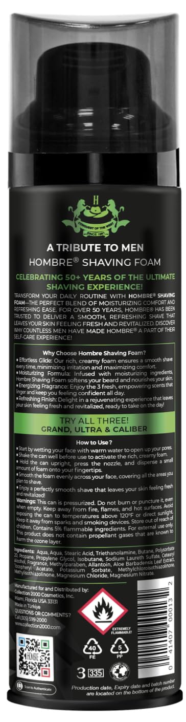 HOMBRE Caliber Shave Foam for Men - Fougère Marine Woody Scent - Intense Masculine Finish - Aluminum-Free Formula 200 ml (Pack of 3) Beauty and Personal Care HOMBRE