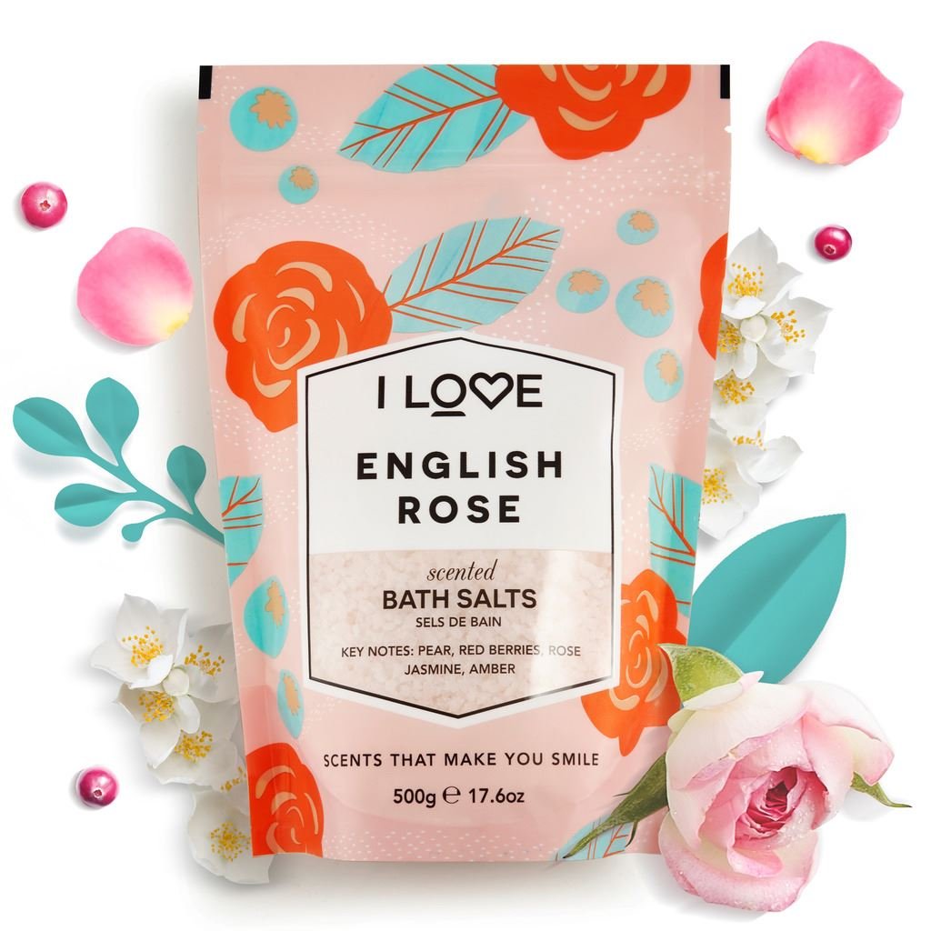 I Love English Rose Scented Bath Salts - Relaxing, Hydrating Bath Soak - Rose Bath Salts with Natural Fruit Extracts - Skin-Softening - 17.6 oz Beauty and Personal Care I LOVE