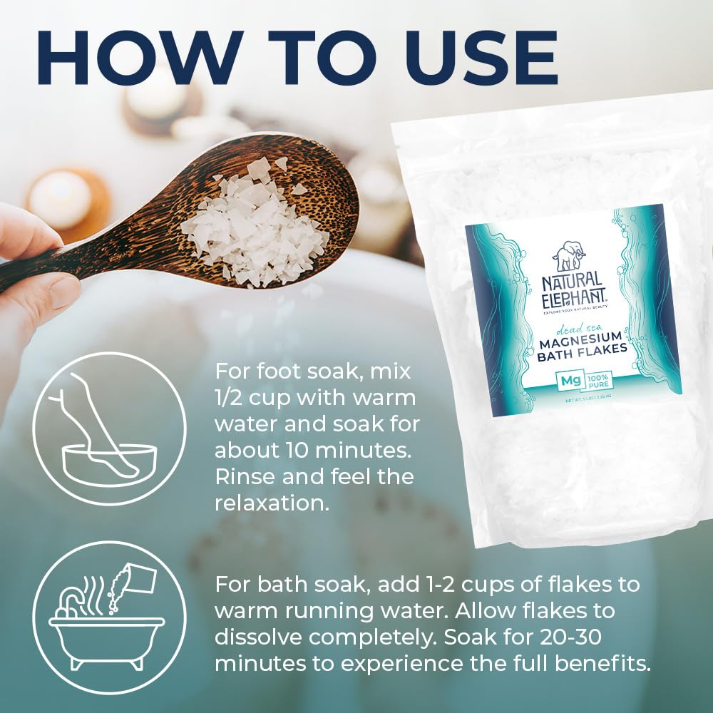 Natural Elephant Dead Sea Magnesium Bath Flakes - Pure Magnesium Chloride Soak for Body and Foot - Ideal for a Soothing Bath Experience - Alternative Beauty and Personal Care Natural Elephant