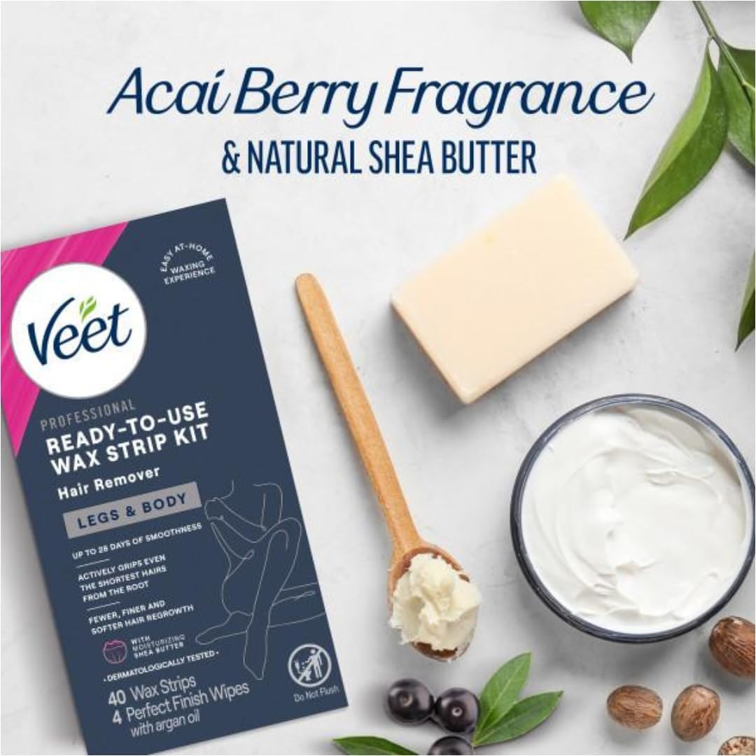Veet Leg & Body Hair Removal Kit- Sensitive Formula, Ready-to-use Cold Wax Strips, Shea Butter & Acai Fragrance, 40 Count (Pack of 2) Beauty and Personal Care Veet