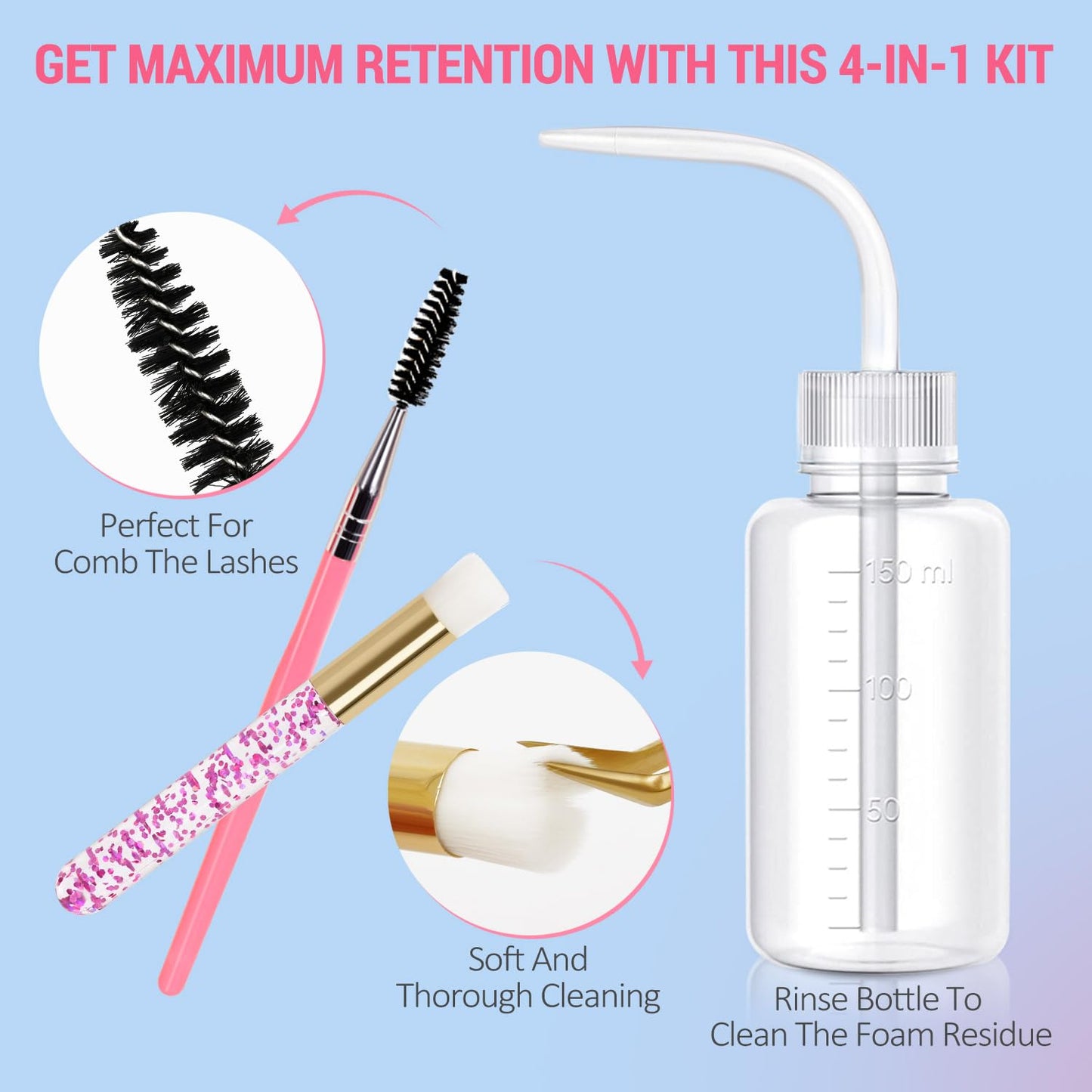 EMEDA Lash Shampoo Kit - 3.38 fl.oz / 100ml Gentle Foam Lash Cleanser, Oil-Free Cleaning for Wash Extension/Natural Eyelash Bath with Rinse Bottle Beauty and Personal Care EMEDA