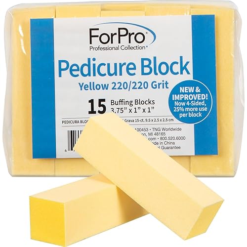 ForPro Professional Collection Yellow Pedicure Block, 220/220 Grit, Three-Sided Pedicure Nail Buffer, 3.75”L x 1”W x 1”H, Yellow, 15-Count Beauty & Personal Care ForPro Professional Collection