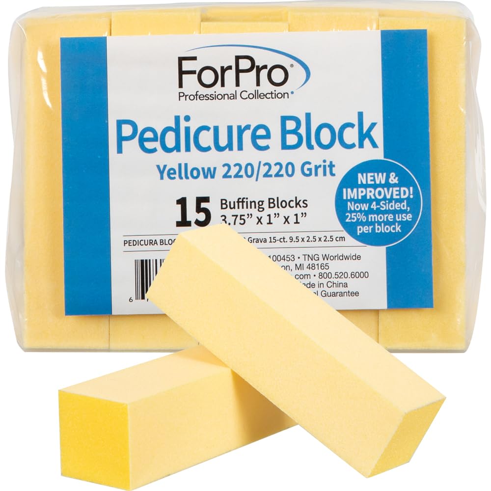ForPro Professional Collection Yellow Pedicure Block, 220/220 Grit, Three-Sided Pedicure Nail Buffer, 3.75”L x 1”W x 1”H, Yellow, 15-Count Beauty & Personal Care ForPro Professional Collection