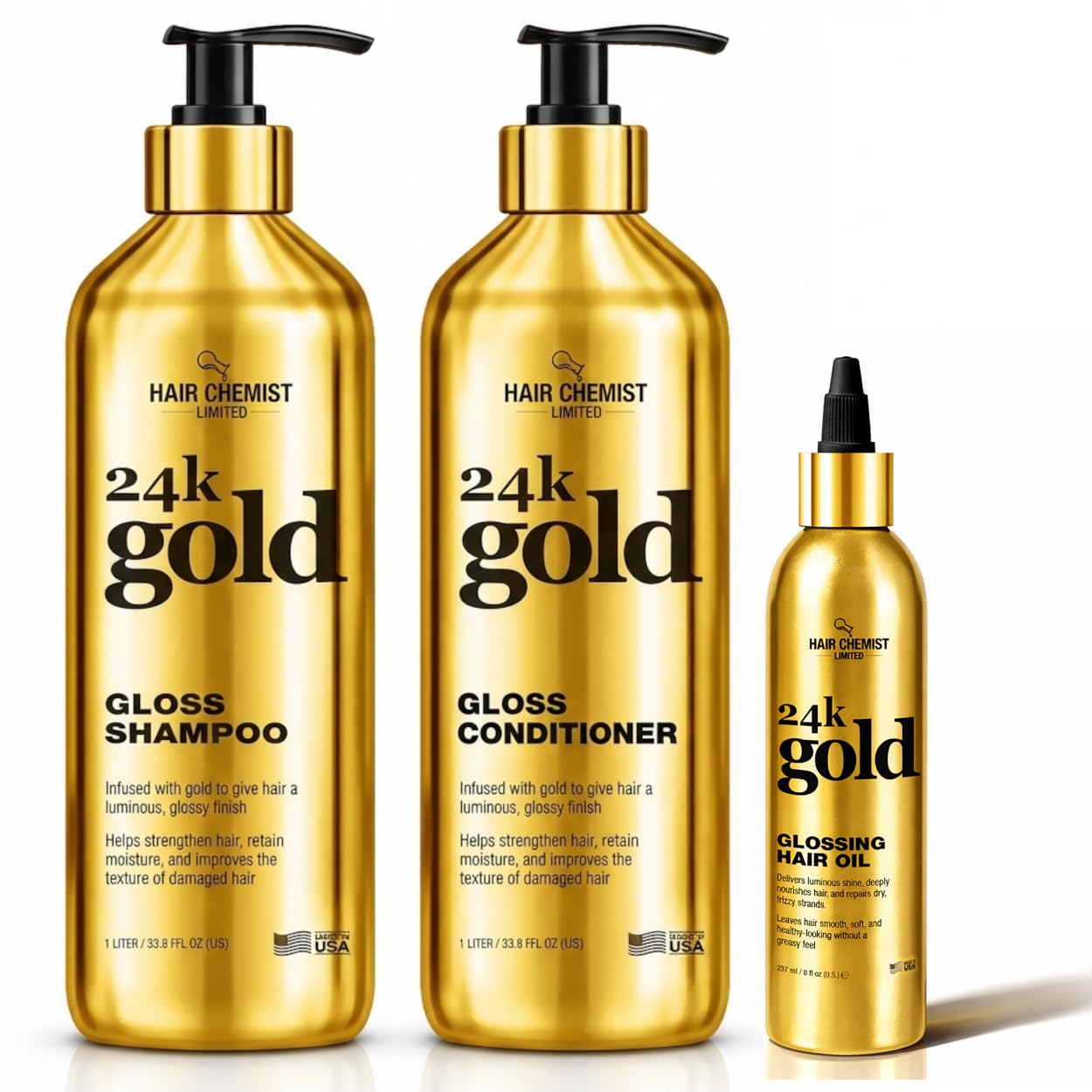 Hair Chemist 24K Gold Gloss Shampoo & Conditioner 3-Piece Hair Care Set - 33.8oz Shampoo, 33.8oz Conditioner & 8 oz Hair Oil - Strengthening, for Dry Beauty & Personal Care Hair Chemist