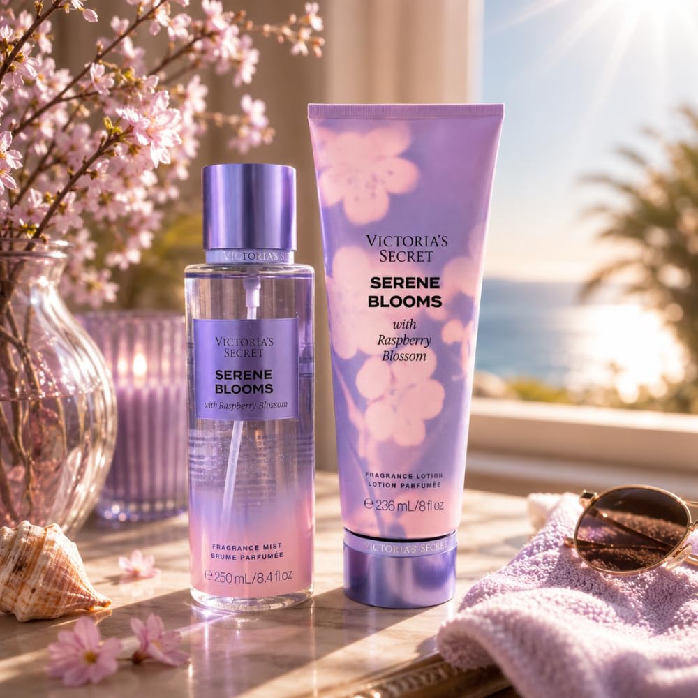 Victoria's Secret SERENE BLOOMS Fragrance Mist & Lotion - Floral Fruity Scent - 2-Piece Bundle for Women - Full Size