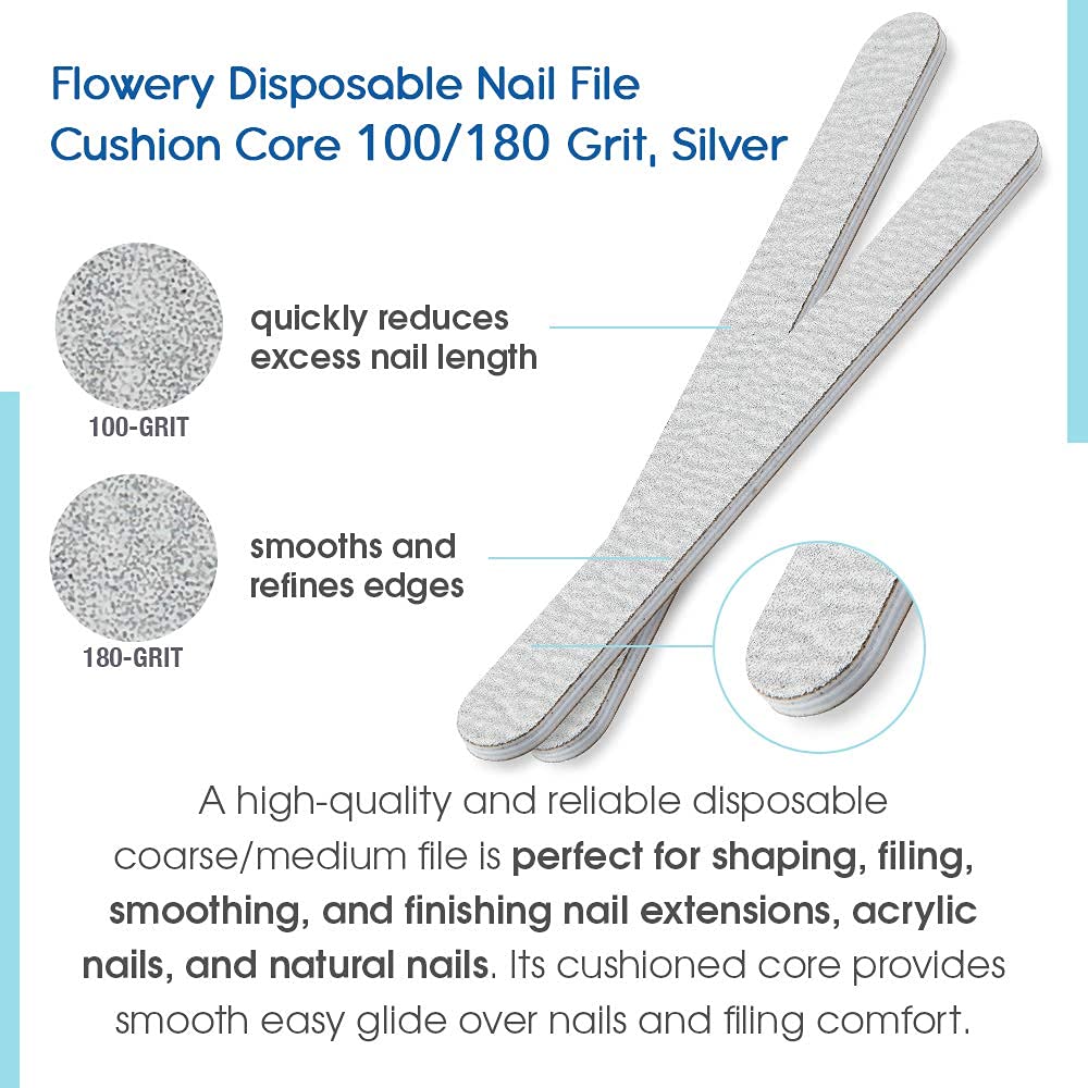 Flowery Nail File 100/180 Grit for Acrylic Nails, Double-Sided Nail Files, Disposable Emery Boards, Manicure Kit, Cushion Core, Silver, 100-Pack Beauty & Personal Care Flowery