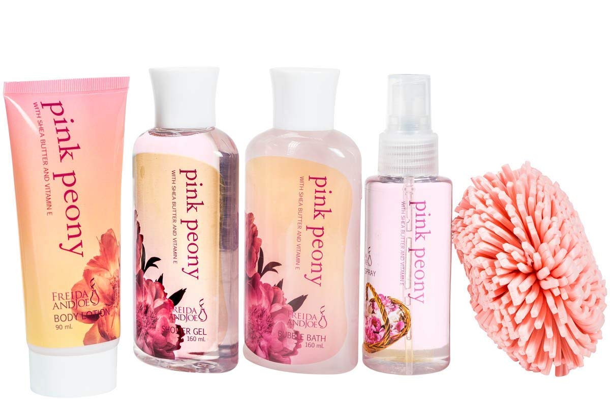 Pink Peony Bathroom Bath Set for Women, Complete Skincare Products in a Natural Wood Plant Box, Body Lotion, Shower Gel, Bubble Bath, Body Spray, Puff Beauty & Personal Care Freida and Joe