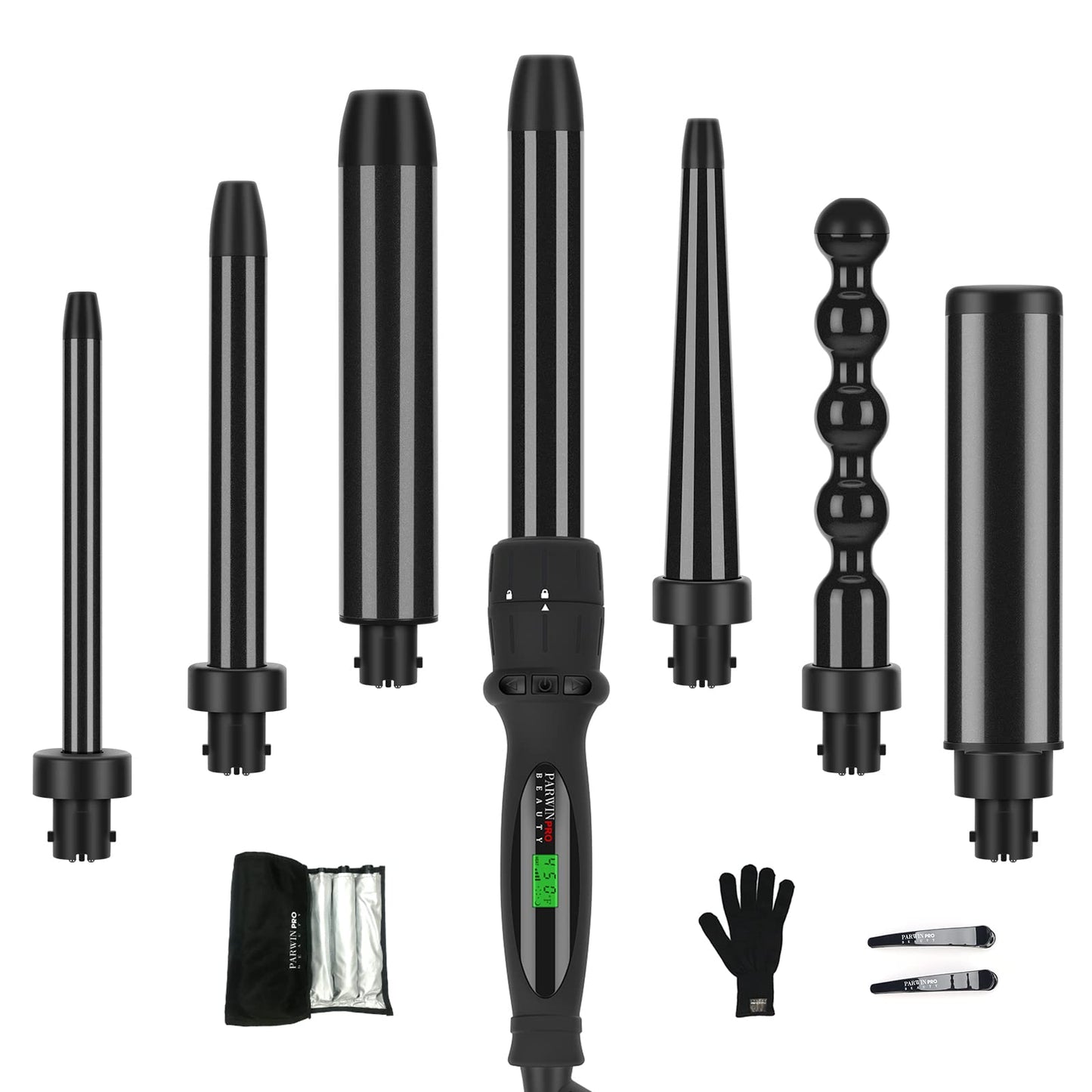 Curling Iron,PARWIN PRO BEAUTY 7 in 1 Curling Wand Set with 7 Interchangeable Barrels and Heat Protective Glove Auto Shut Off Dual Voltage Beauty & Personal Care PARWIN PRO BEAUTY