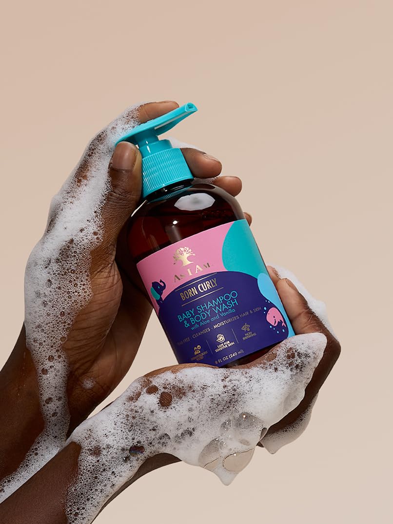 As I Am Born Curly Shampoo & Body Wash Baby & Kids 8 oz - Tear-Free Hair & Body Cleanser - with Aloe Vera & Vanilla - Gently Cleanses, Hydrates &