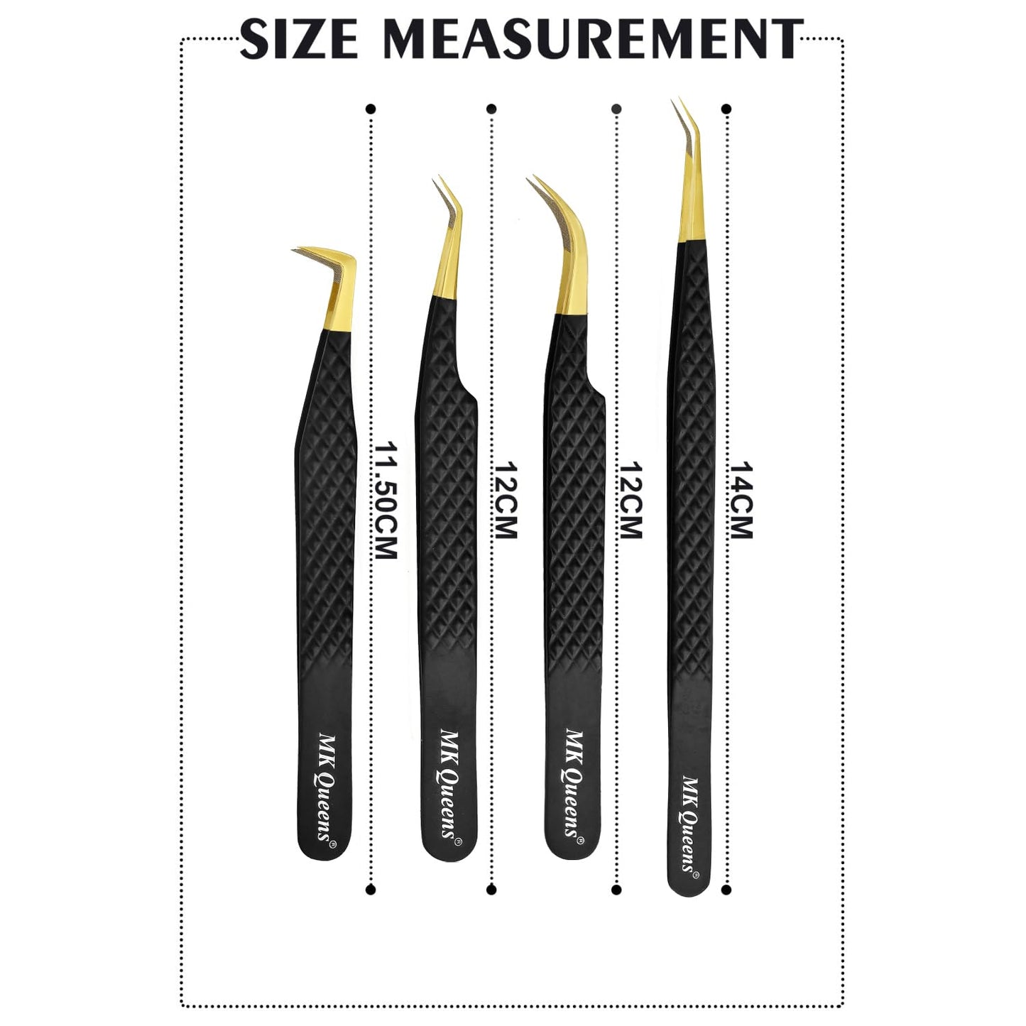 MK Queens Lash Tweezers - Stainless Steel Fiber Tip Eyelash Tweezers (Set of 4) - Diamond Grip Professional Lash Tweezers for Eyelash Extensions Beauty & Personal Care MK QUEENS