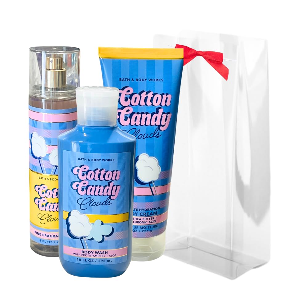 Bath & Body Works COTTON CANDY CLOUDS Fine Fragrance Mist, Ultimate Hydration Body Cream & Body Wash 3pc Gift Set with a Red Bow for Holidays - Full Beauty and Personal Care Bath & Body Works