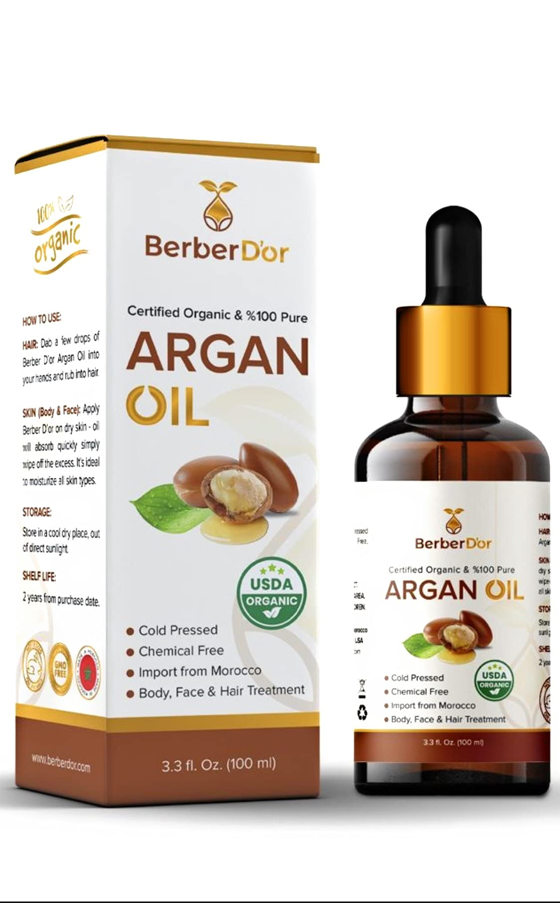 Berber D’Or 100 Pure Natural Organic Argan Oil For Body, Hair, Face, Nails | Eco-Certified, USDA Approved Import From Morocco (3.4 FL OZ 100 ML) Beauty & Personal Care Berber D’Or