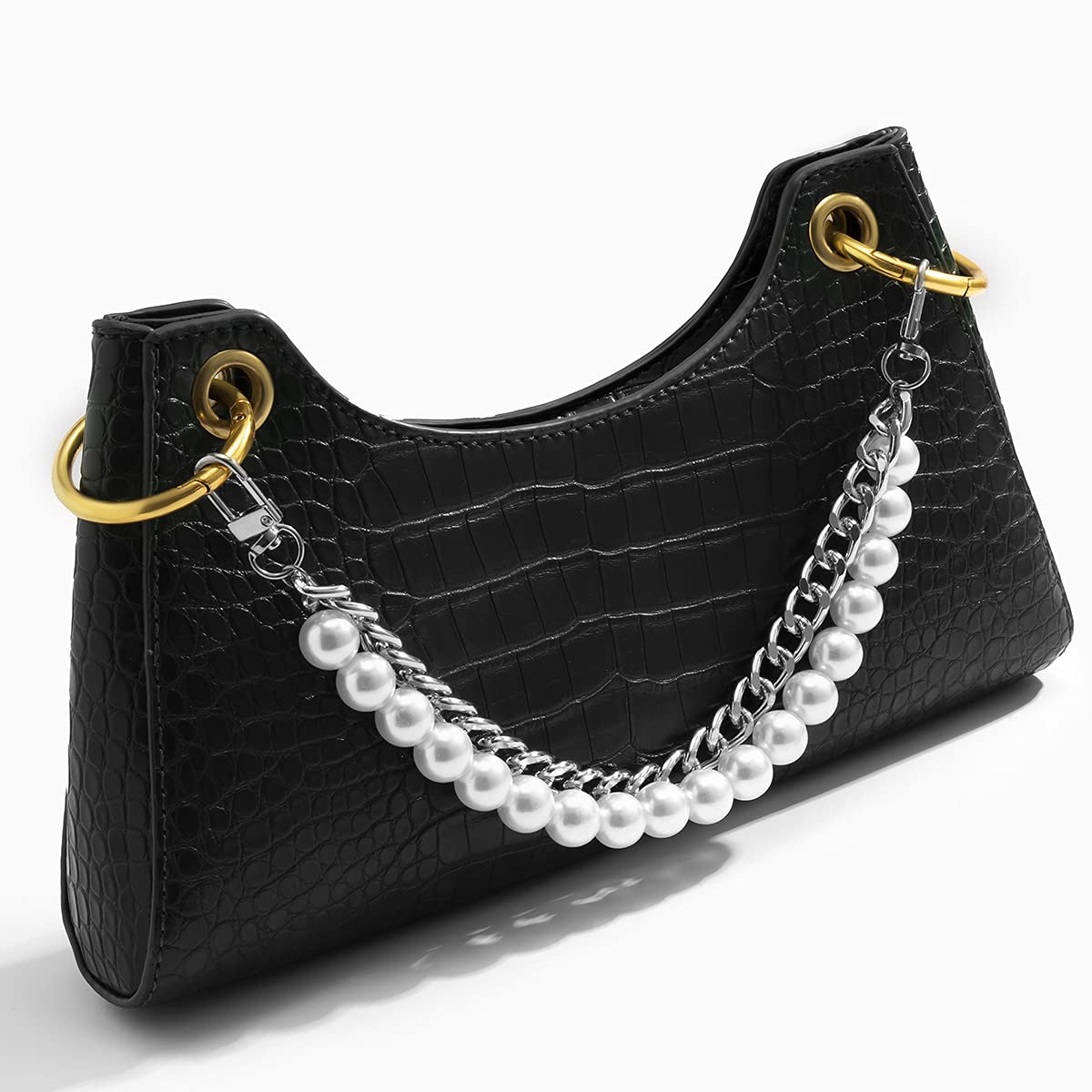 Xerling Short Pearl Bead Purse Handle Chain Heavy Chunky Cuban Handbag Chain Purse Replacement Strap Layered Bag Decoration Accessories Women (Silver) Beauty & Personal Care Xerling