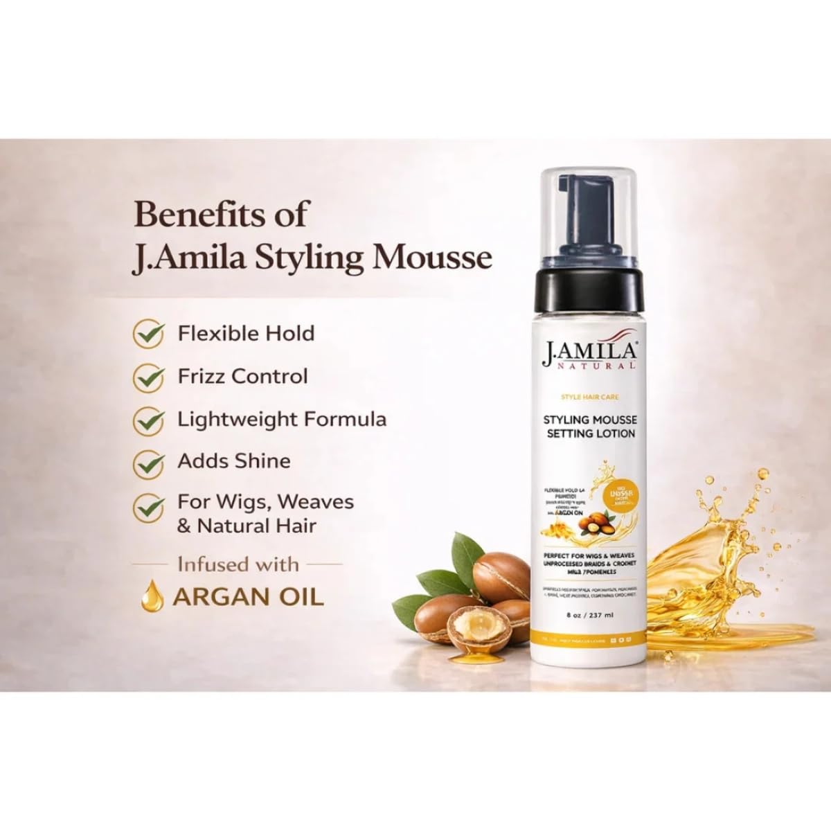 J.Amila Natural Styling Mousse Setting Lotion with Argan Oil, 237ml