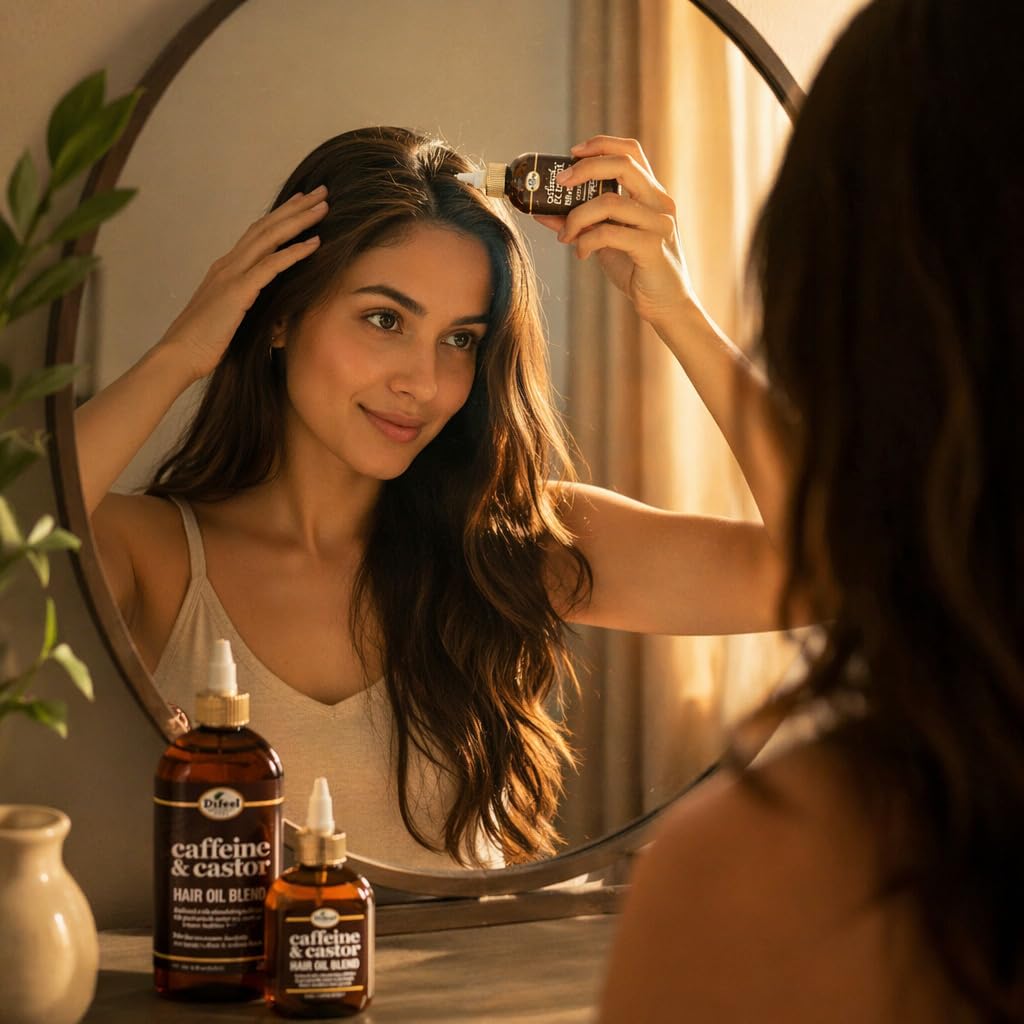 Difeel Caffeine & Castor Hair Oil Blend for Thicker, Fuller-Looking Hair 8 oz. - Nourishing Scalp & Hair Oil Treatment, Strengthens Moisture Retention