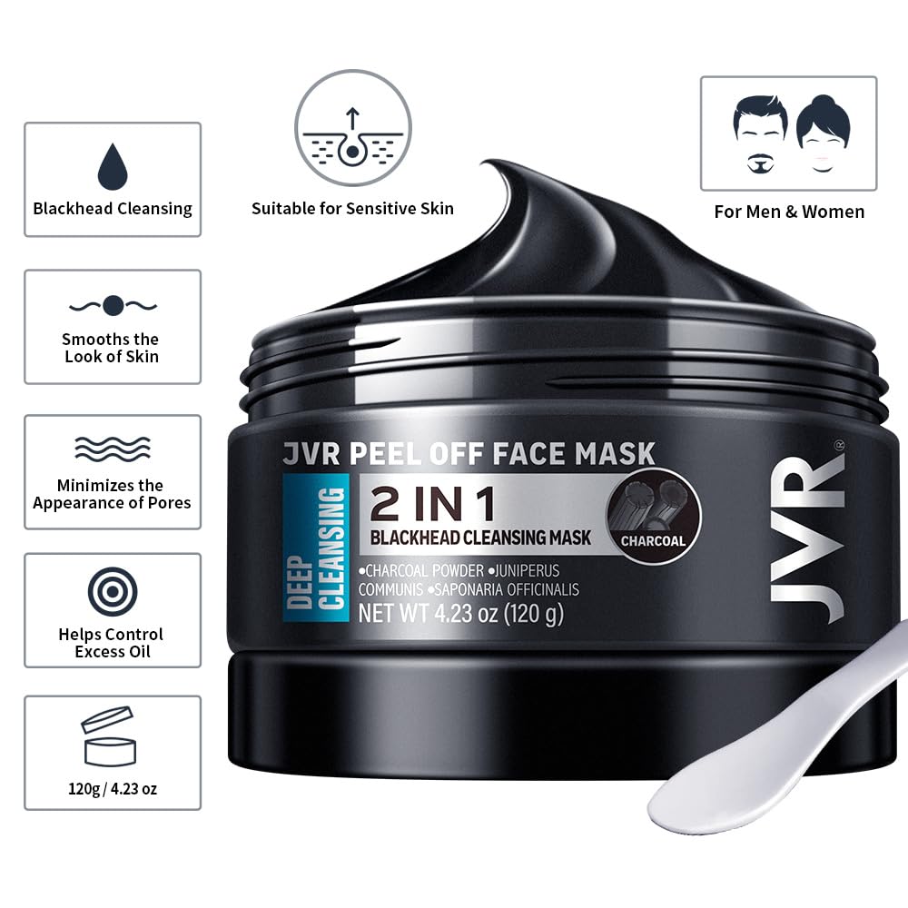 JVR Peel Off Face Mask, Blackhead Mask for Men, Charcoal Peel Off Black Mask, Facial Mask Refreshing and Deep Cleansing for All Skin Types 4.23 OZ Beauty and Personal Care JVR