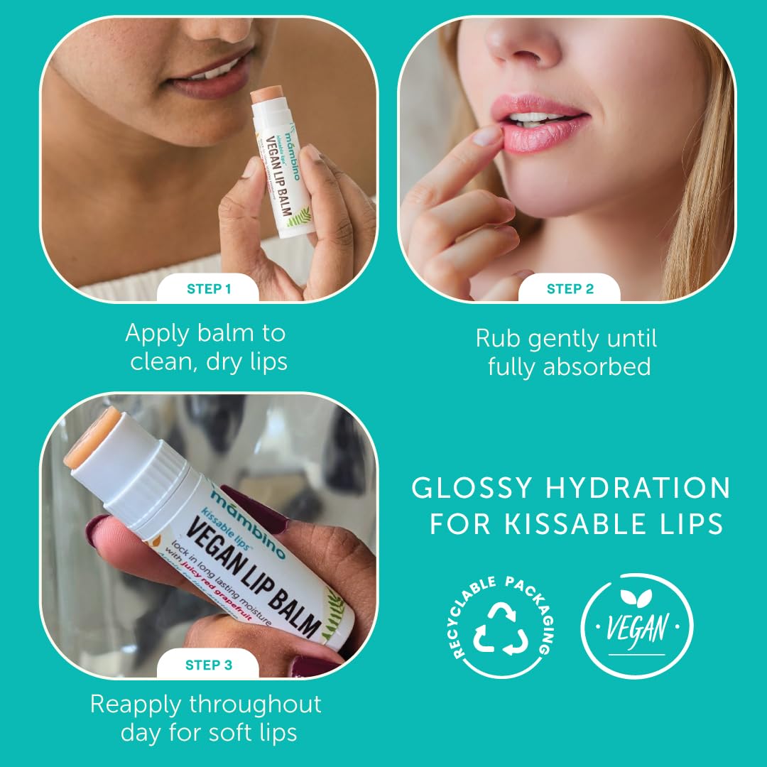 Mambino Organics Kissable Lips Vegan Lip Balm, Glossy Pink Grapefruit Lip Moisturizer, Hydrating Plant-Based Lip Care with Olive & Jojoba Oils, Clean Beauty and Personal Care Mambino Organics