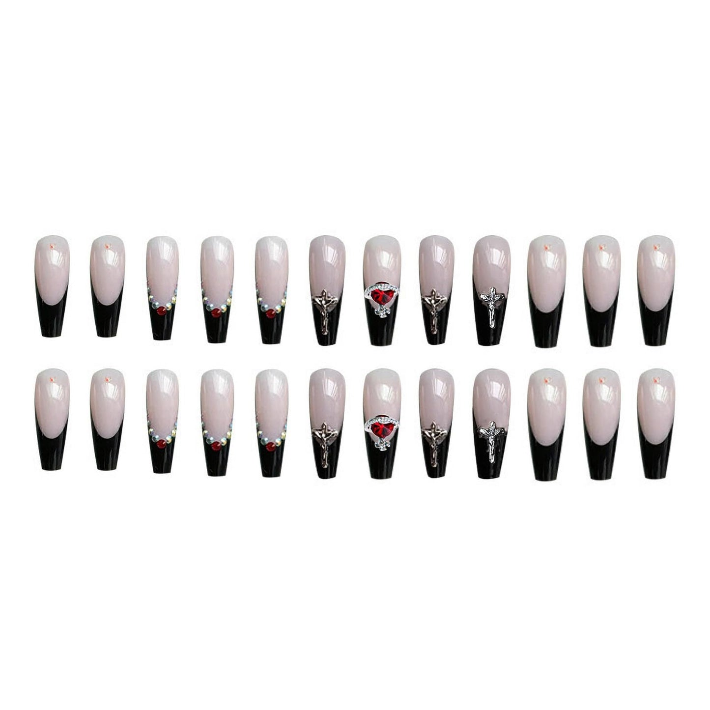 MISUD Press on Nails - Long Coffin Glue on Nails with Goth Black, Acrylic Gothic Cross Design 24 pcs Beauty & Personal Care MISUD