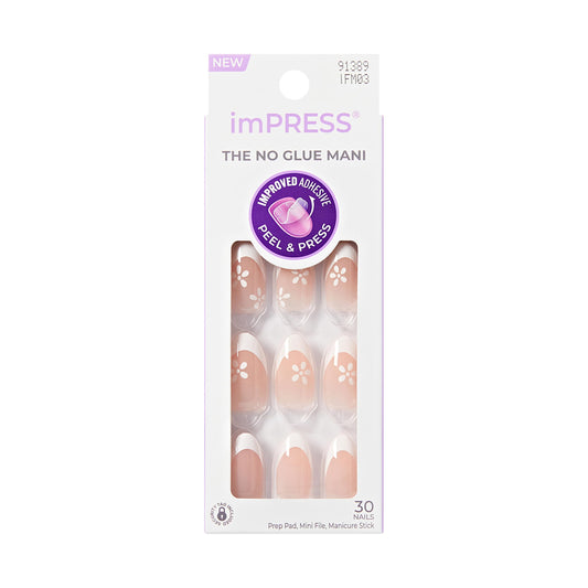 KISS imPRESS No Glue Mani Press On Nails, French, 'Fearless', Light Neutral + White Tip French, Medium, Almond Shape, Includes 30 Nails, Prep Pad