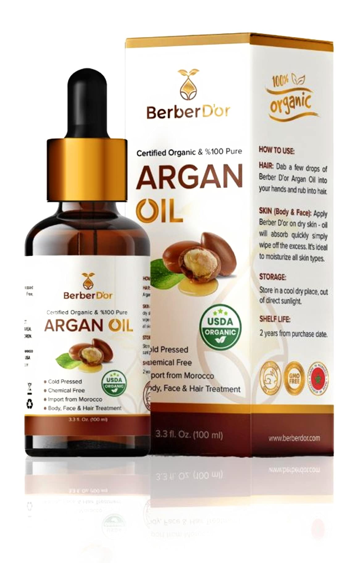 Berber D’Or 100 Pure Natural Organic Argan Oil For Body, Hair, Face, Nails | Eco-Certified, USDA Approved Import From Morocco (3.4 FL OZ 100 ML) Beauty & Personal Care Berber D’Or