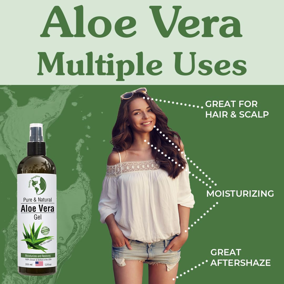 Earth's Daughter Organic Aloe Vera Gel from 100% Pure and Natural Cold Pressed Aloe - Moisturizes - Great for Face - Hair- Sunburn - Aftershave - Bug Beauty & Personal Care Earth's Daughter
