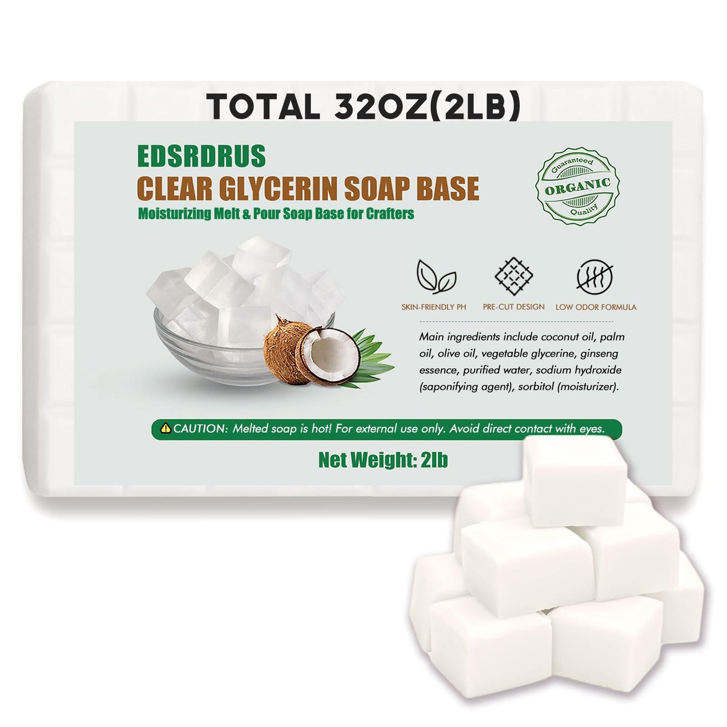 EDSRDRUS 2LB Unscented Glycerin Soap Base DIY Handmade Soap Moisturizing Melt and Pour Soap Base for Crafting, Vegetable Glycerin & Coconut Oil, Easy Beauty & Personal Care EDSRDRUS