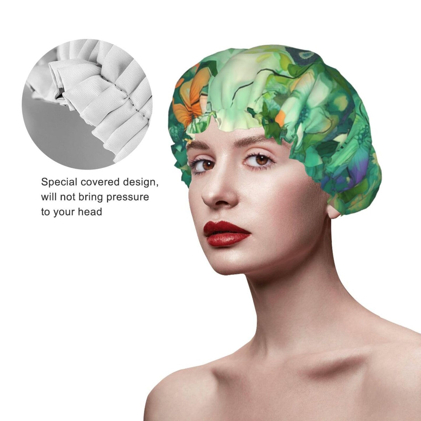 Abstract Seasonal Green Floral Shower Cap For Women Reusable Double Layers Bathing Bath Cap Hair Caps Waterproof Elastic Band Ladies Spa Salon Shower Beauty and Personal Care GDSHJKLW