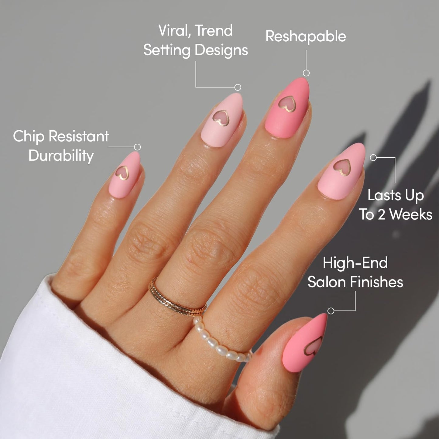 Glamnetic Press On Nails - Matte in Love | Short Almond Fake Nails in Mixed Pink Tones, Metallic Gold Heart in Matte Finish | 15 Sizes - 30 Nail Kit Beauty and Personal Care Glamnetic