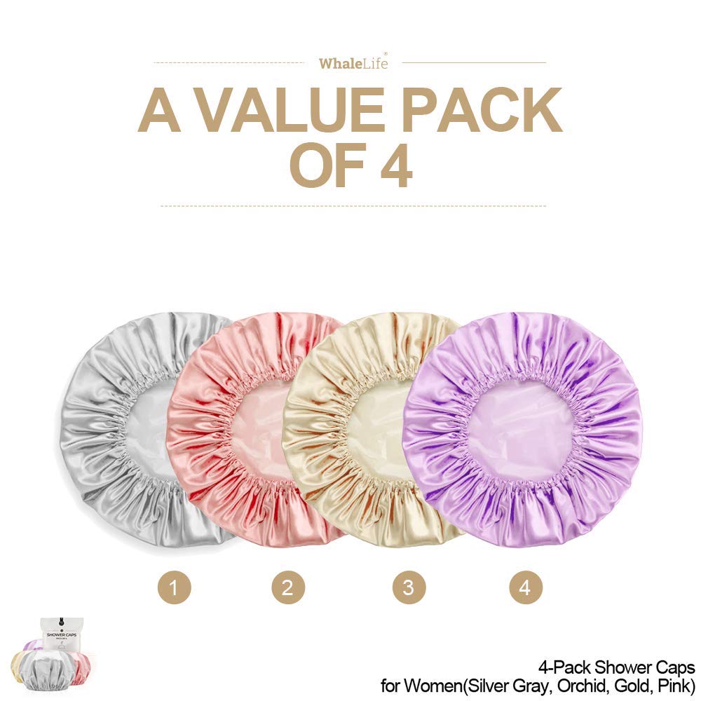Shower Cap for Women Reusable Extra Large Shower Caps for Men Satin Double Layer EVA Waterproof Long Hair Caps(Silver Gray, Orchid, Gold, Pink 4 Pack) Beauty & Personal Care WhaleLife