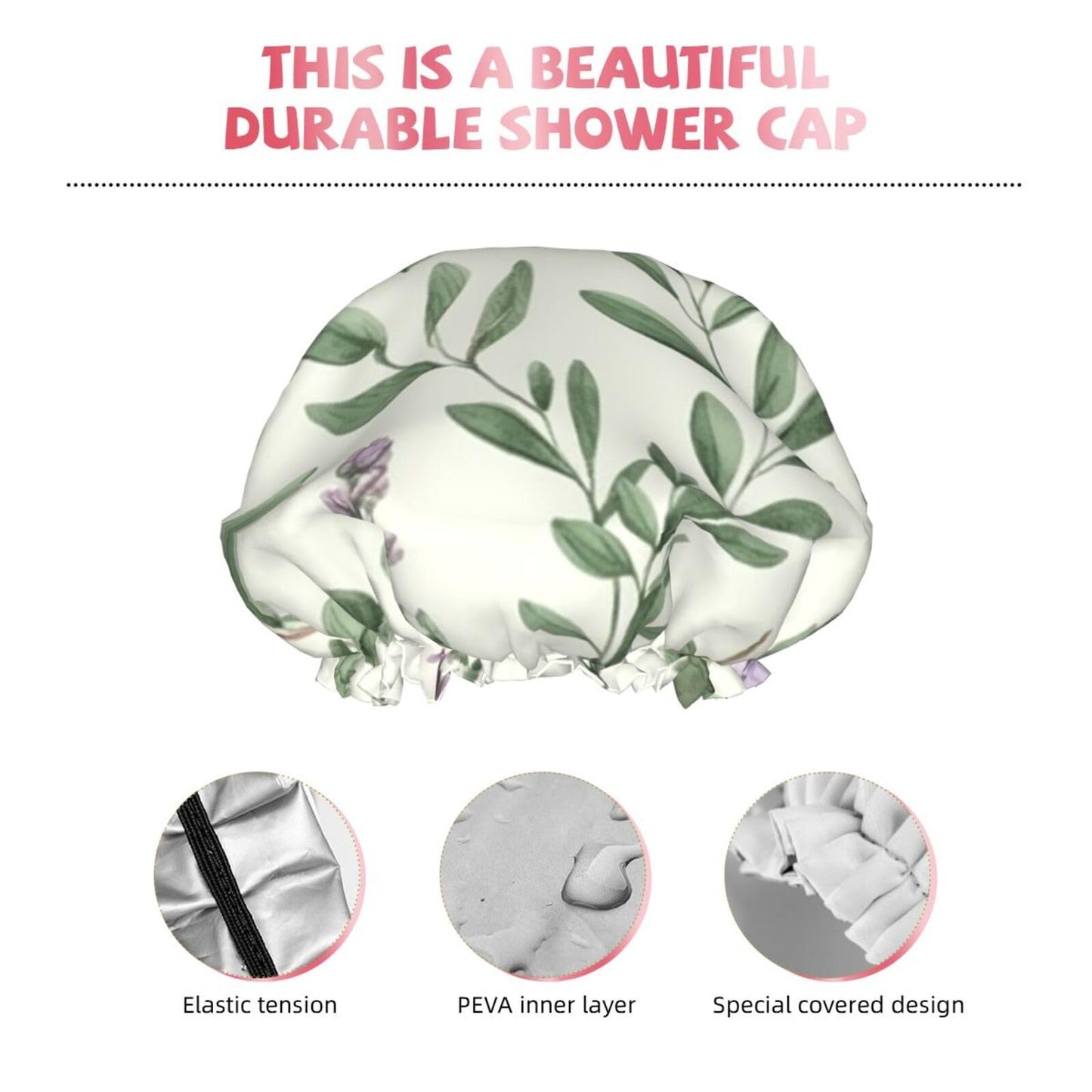 Reusable Shower Cap for Women Men Large Waterproof Shower Bonnet Washable Bath Cap Green Flower Herb Sage Leaves and Branches Hair Hat Elastic Band Beauty and Personal Care FJWSLCH