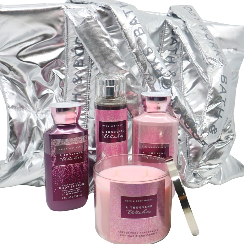 Bath & Body Works A THOUSAND WISHES Deluxe 4pc Gift Set with a Silver Bag - Body Lotion, Body Wash, Fine Fragrance Mist, and 3-wick Candle Beauty and Personal Care Bath & Body Works