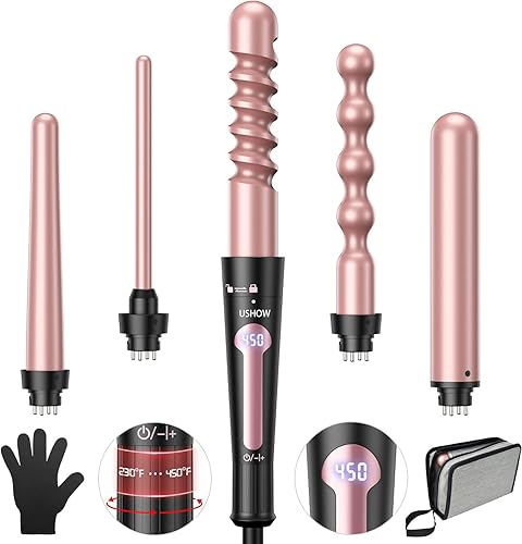 USHOW Curling Iron, Curling Wand Set, Instant Heat Up Hair Curler with Interchangeable Tourmaline Ceramic Barrels (0.5" to 1.25"), Adjustable Beauty & Personal Care USHOW