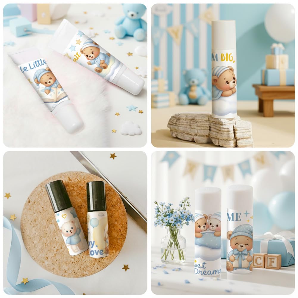 Peacoblue 160Pcs Lip Balm Labels Sticker for Tubes 2.1"x1.7" Baby shower teddy bear, 8 Styles Waterproof Chapstick Labels Glossy for Homemade Lip Balm Beauty and Personal Care peacoblue