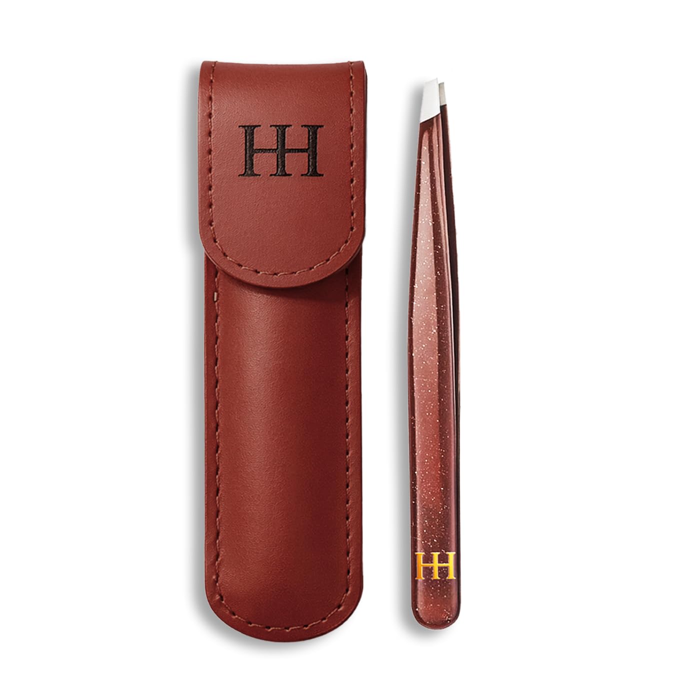 HH Tweezer - Professional Stainless Steel Eyebrow Tweezers with Genuine Leather Case for Makeup & Brow Artists (Brown) Beauty and Personal Care HH Beauty