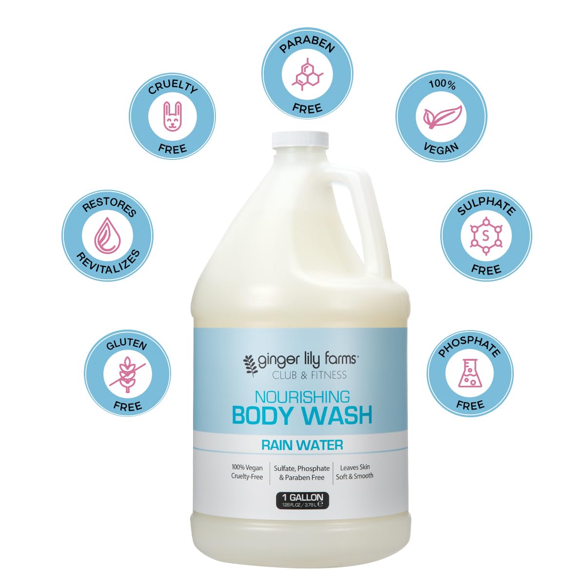Ginger Lily Farms Club & Fitness Nourishing Body Wash, 100% Vegan & Cruelty-Free, Bath & Shower Gel for Men and Women, Rain Water Scent, 1 Gallon (128 Beauty & Personal Care Ginger Lily Farms