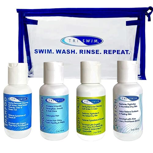 TRISWIM Shot Set in Travel Bag | 2oz Travel Size Chlorine Removal Shampoo, Swimmer’s Conditioner, Swim Body Wash and Lotion | Removes Chlorine Beauty & Personal Care TRISWIM