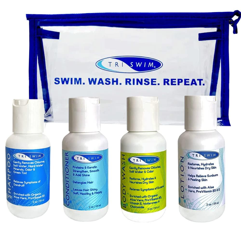 TRISWIM Shot Set in Travel Bag | 2oz Travel Size Chlorine Removal Shampoo, Swimmer’s Conditioner, Swim Body Wash and Lotion | Removes Chlorine Beauty & Personal Care TRISWIM