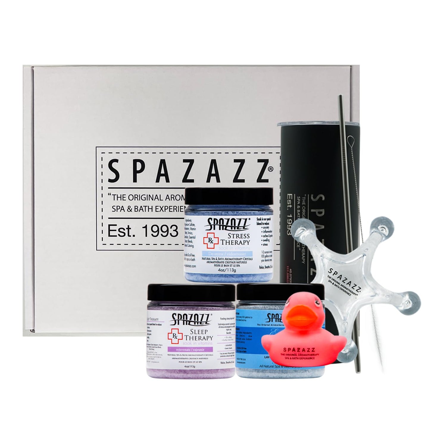 Spazazz Hot Tub Aromatherapy Spa Gift Set - Three 4 Oz Bath Salts in Sleep, Stress and Lavender Palmarosa with Tumbler, 5 Point Massager & Rubber Duck Beauty and Personal Care Spazazz