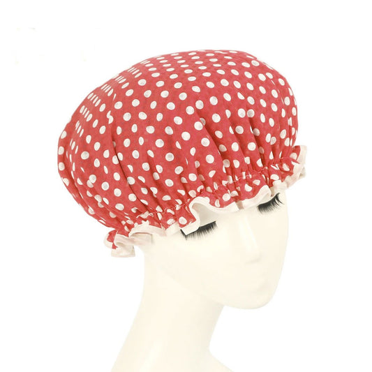 Ruilogod Red White Dots Polyester PEVA Dual Layer Waterproof Shower Bath Salon Hair Cap Hat (id: e2e 9d0 6e2 8d9 6f4 Beauty and Personal Care Ruilogod
