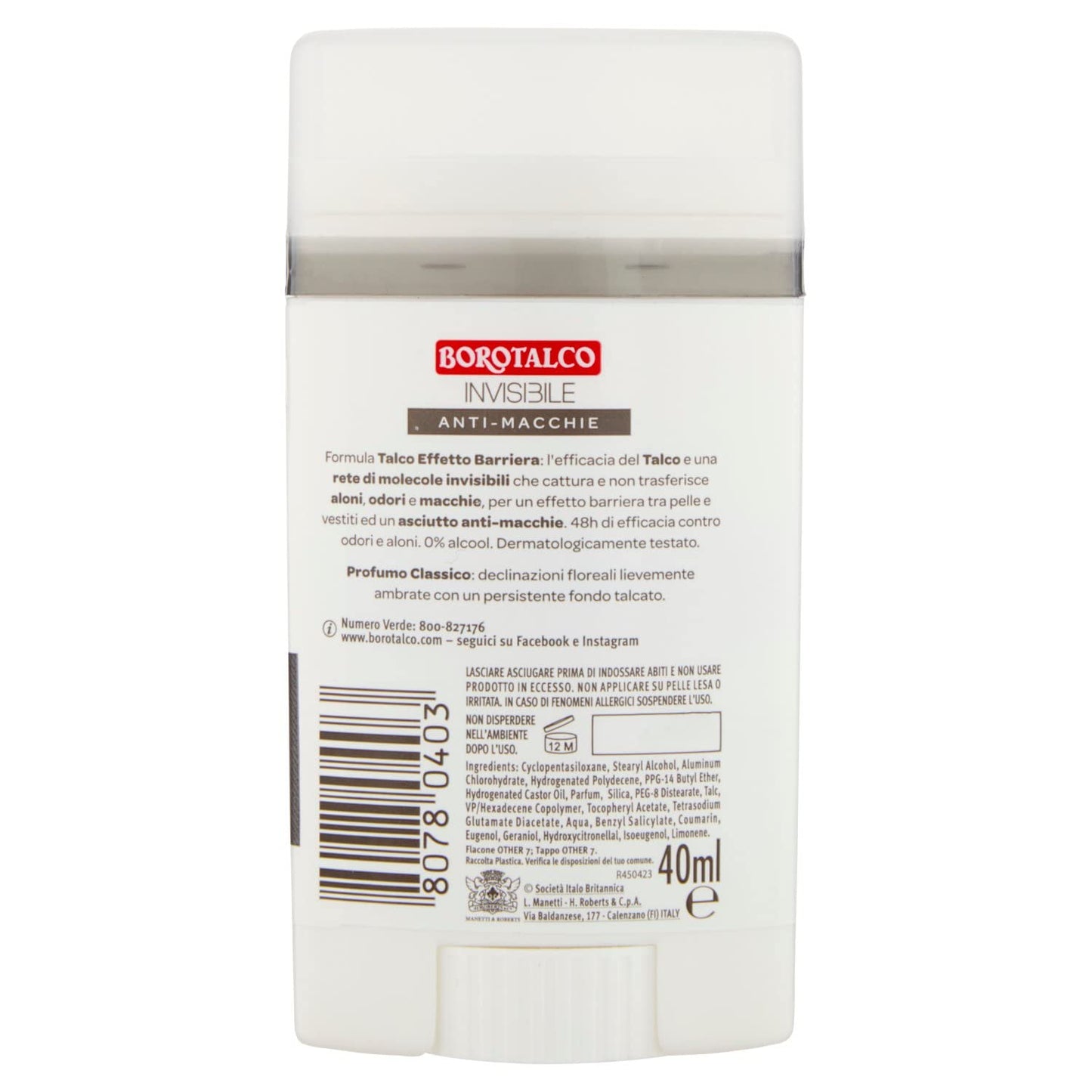 Borotalco Deodorante Stick Invisible Grigio, Formato 40 ml - Roll On Invisible Talc Barrier Effect 1.3 Fl Oz made in Italy Beauty and Personal Care Borotalco