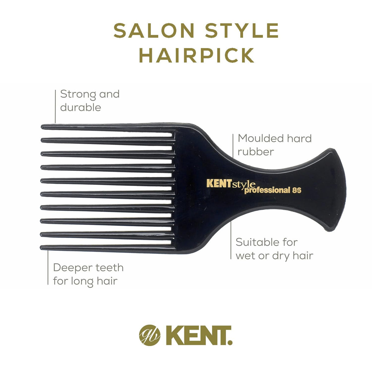 Kent SPC86 Black Salon-Style Professional Pick and Barber Comb - Afro Parting Comb for the Care of Curly and Thick Hair - Sleek style