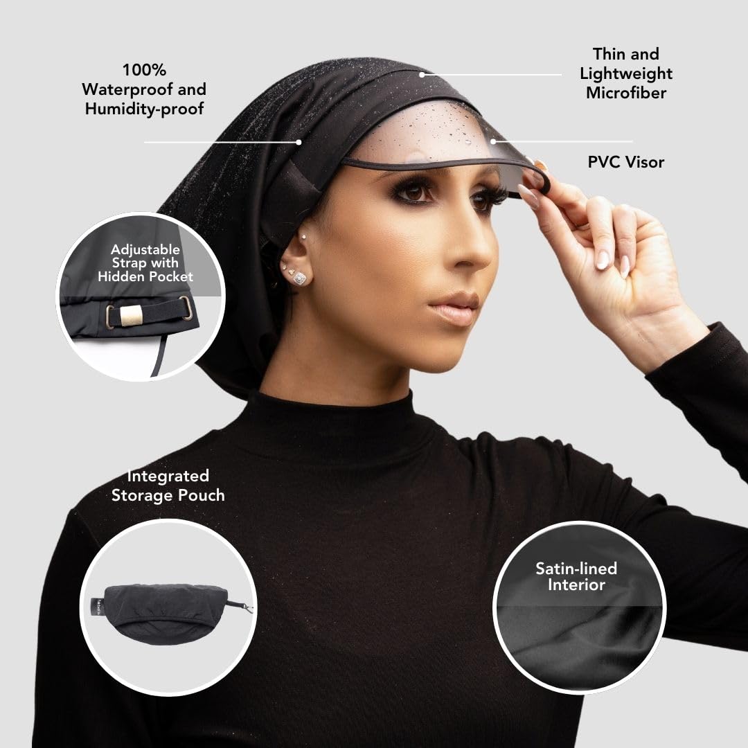 Hairbrella 100% Waterproof Rain Hats for Women, Satin Lined Caps, Full Hair Coverage, Packable Travel Accessory Black Beauty and Personal Care Hairbrella