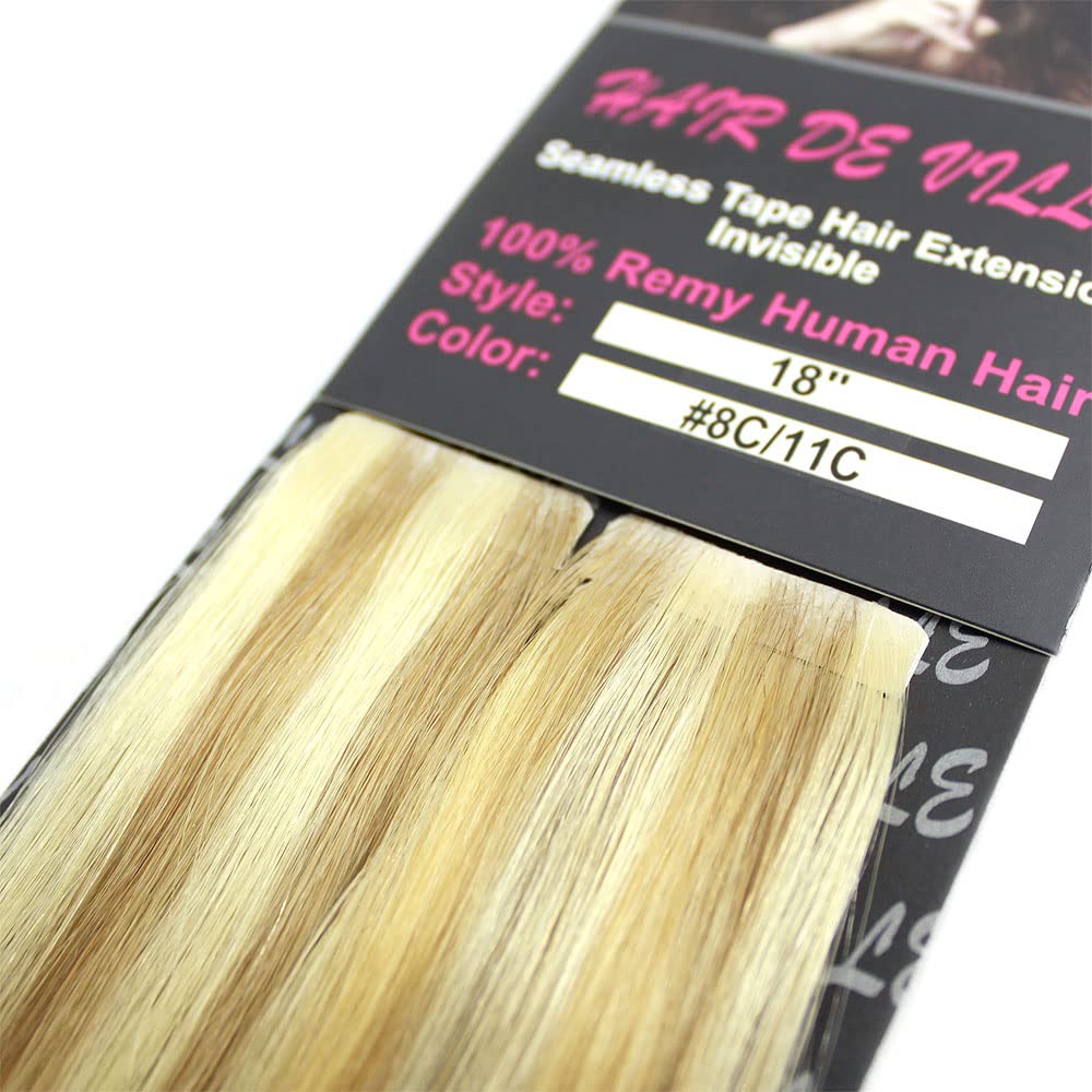 20 Pcs X 18" inches Invisible Tape In PU Machine Injected Seamless Remy Human Hair Extensions #8c/11c Light Blonde Mix