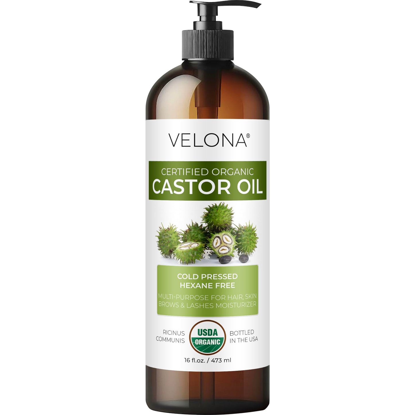 velona USDA Certified Organic Castor Oil - 16 fl oz (With Pump) | For Hair Growth, Boost Eyelashes, Eyebrows | Cold pressed, Natural Oil, USP Grade | Beauty & Personal Care velona