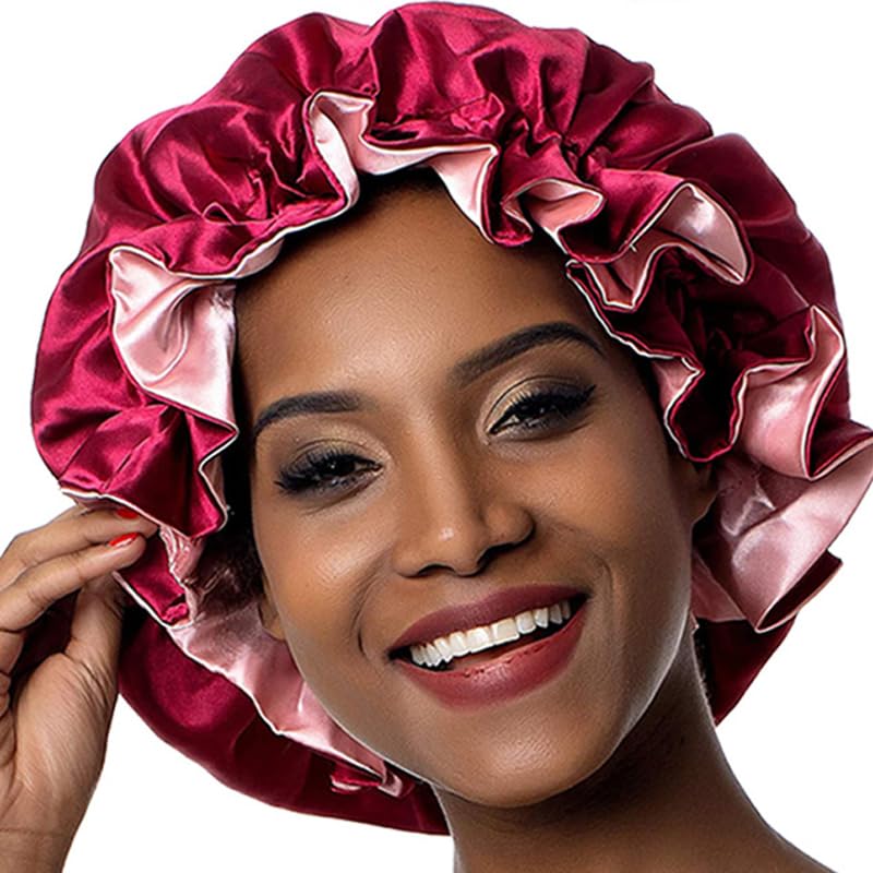 Reversible Satin Bonnet for Sleeping Double Layer Night Sleep Cap Women Adjustable Elastic Head Wrap Turban Wine Red Beauty and Personal Care PENINSULA LOVE