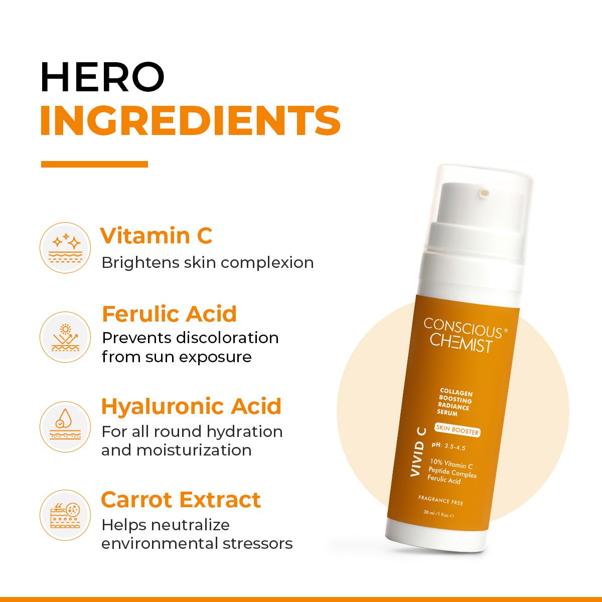 Conscious Chemist Vitamin C 10% Face Serum | 30ml | Brightening & Anti-Aging Serum with Ferulic Acid | Reduces Dark Circles, Fine Lines & Dullness | Beauty & Personal Care Conscious Chemist
