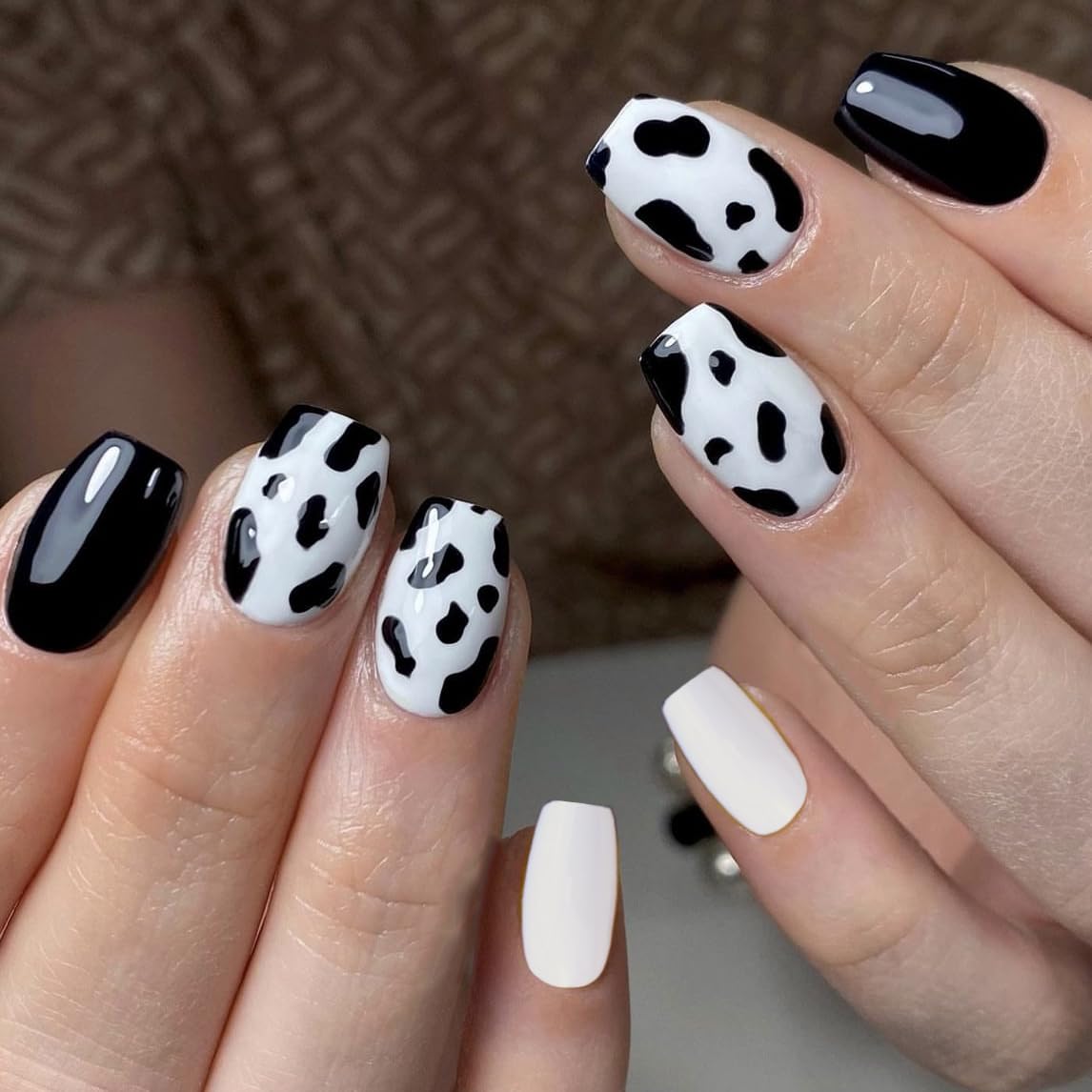 BABALAL Square Press-on Short Cow Print Nails - 24Pcs Cute Squoval Fake Glossy Black Acrylic Nails for Women and Girls Beauty & Personal Care BABALAL